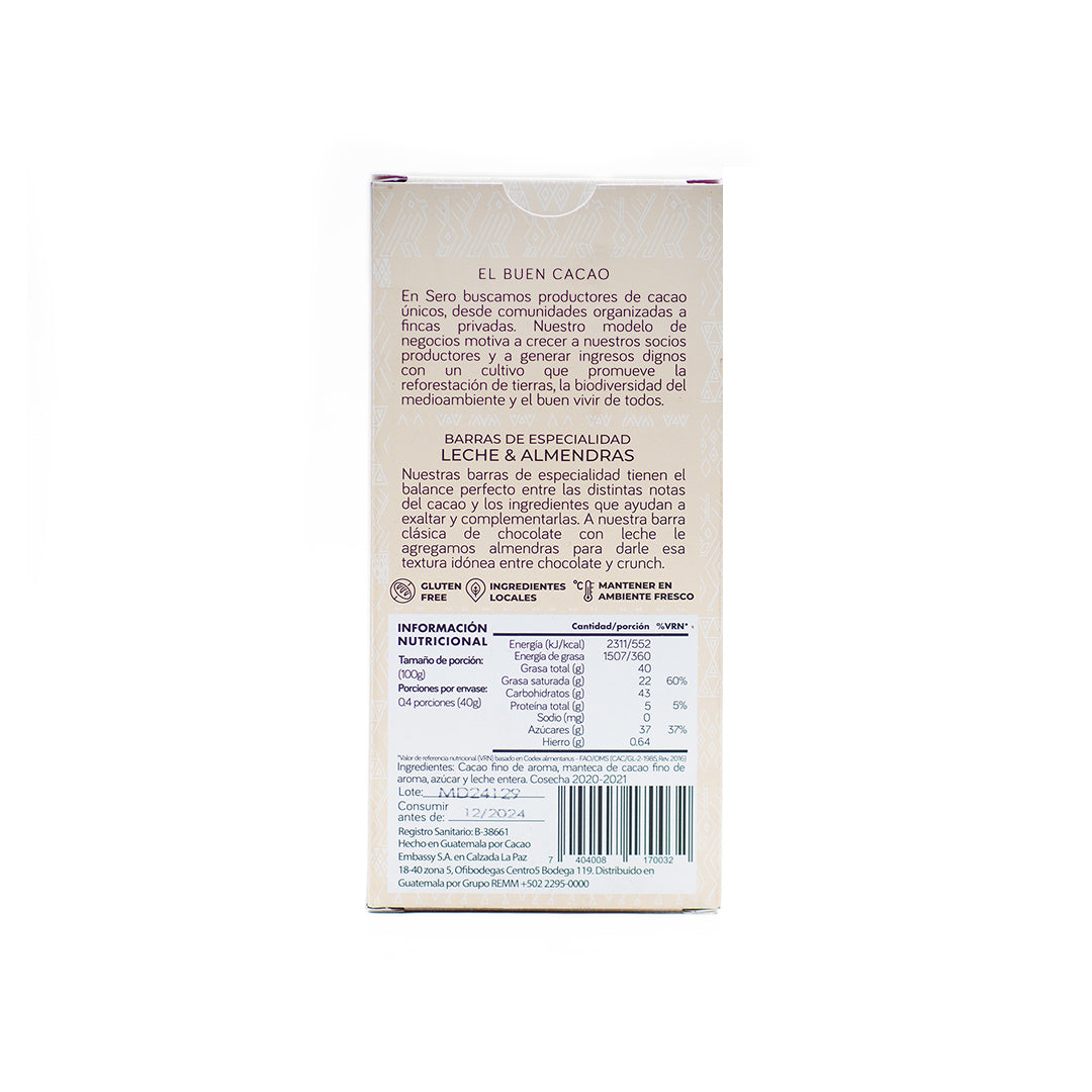 Back of Chocolates Sero’s 50% dark milk chocolate with almonds — packaging shows ingredient list, barcode, and nutritional details on white background.