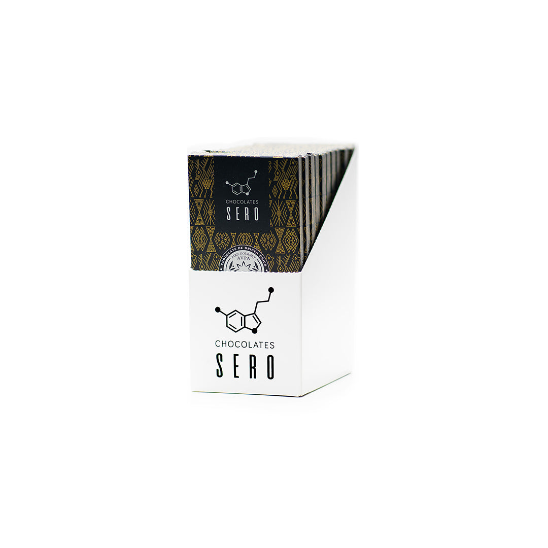 Box of 10 artisan dark chocolate bars from Chocolates Sero, made with 70% single origin cacao from Finca Kampura in Guatemala. Each 40g bar features elegant black packaging and ethical sourcing — perfect for tastings, gifting, and premium retail.