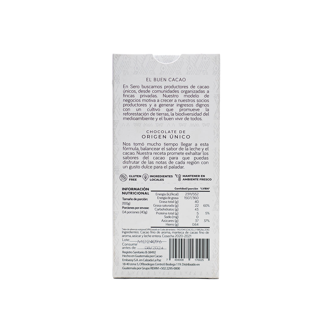 Back of Guatemalan chocolate bar dark milk 50% cacao. packaging showing ingredients, nutritional info, and compliance labeling on a clean white background.