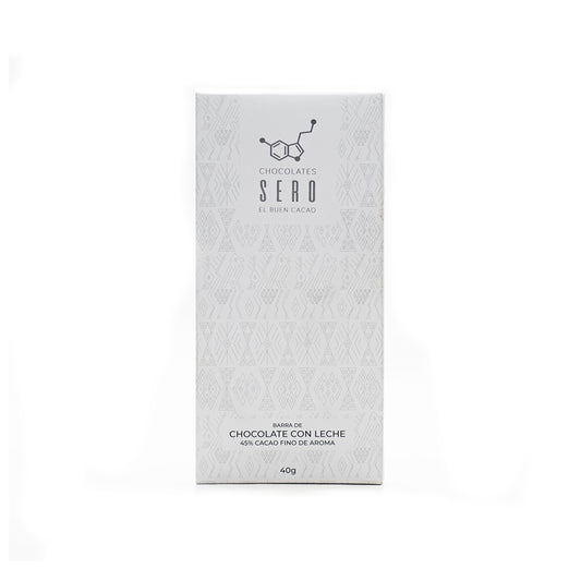 Front packaging of Chocolates Sero’s 50% dark milk chocolate bar — minimalist white backdrop highlighting ethical Guatemalan cacao branding and product name.